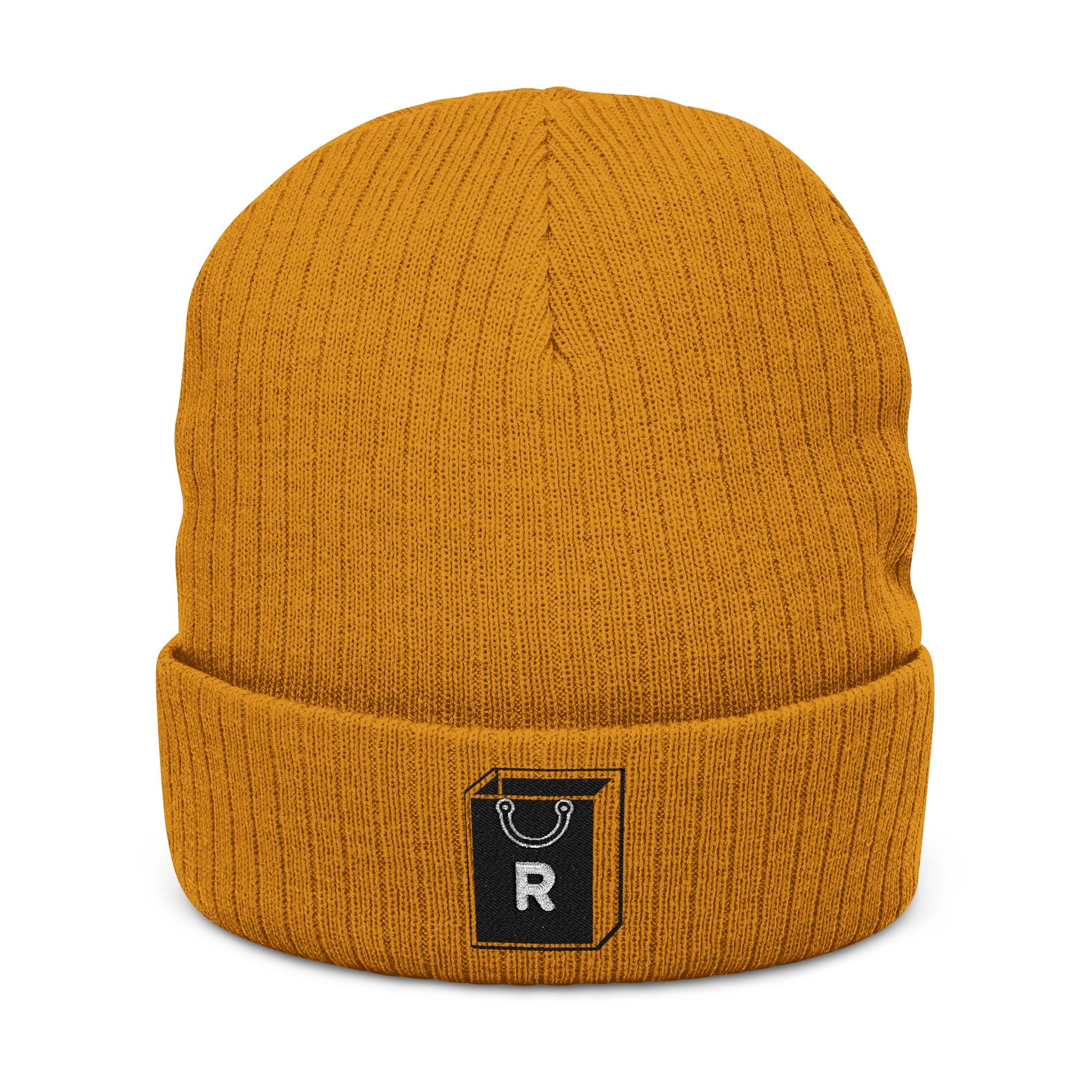 Embroidered Ribbed Beanie - Minimal Horseshoe & R Patch, Cozy Winter Hat