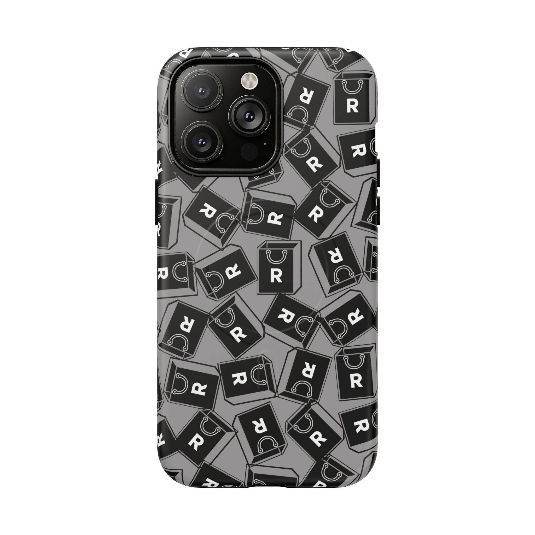 Magnetic Phone Case – Black & Gray Repeating 'R' Logo Pattern