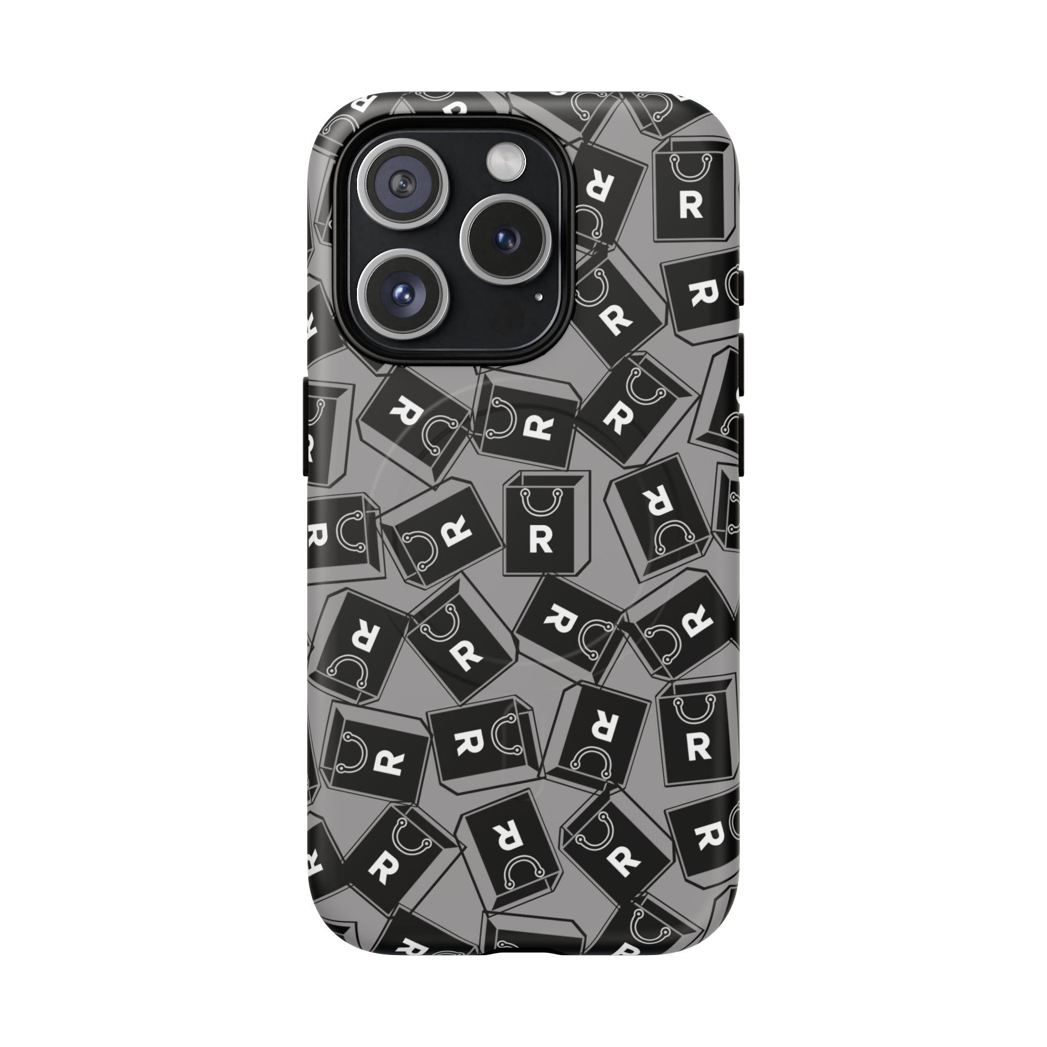 Magnetic Phone Case – Black & Gray Repeating 'R' Logo Pattern