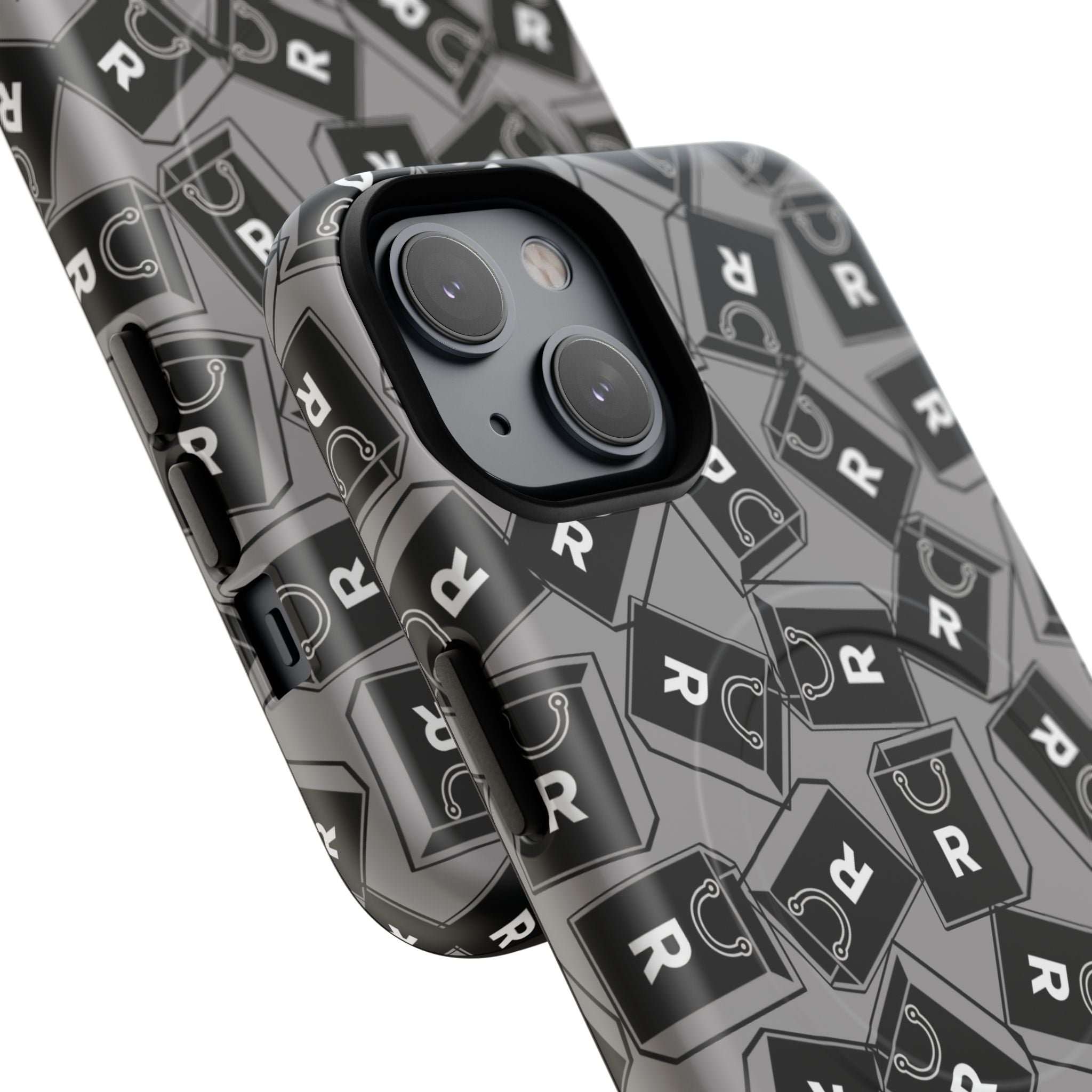 Magnetic Phone Case – Black & Gray Repeating 'R' Logo Pattern