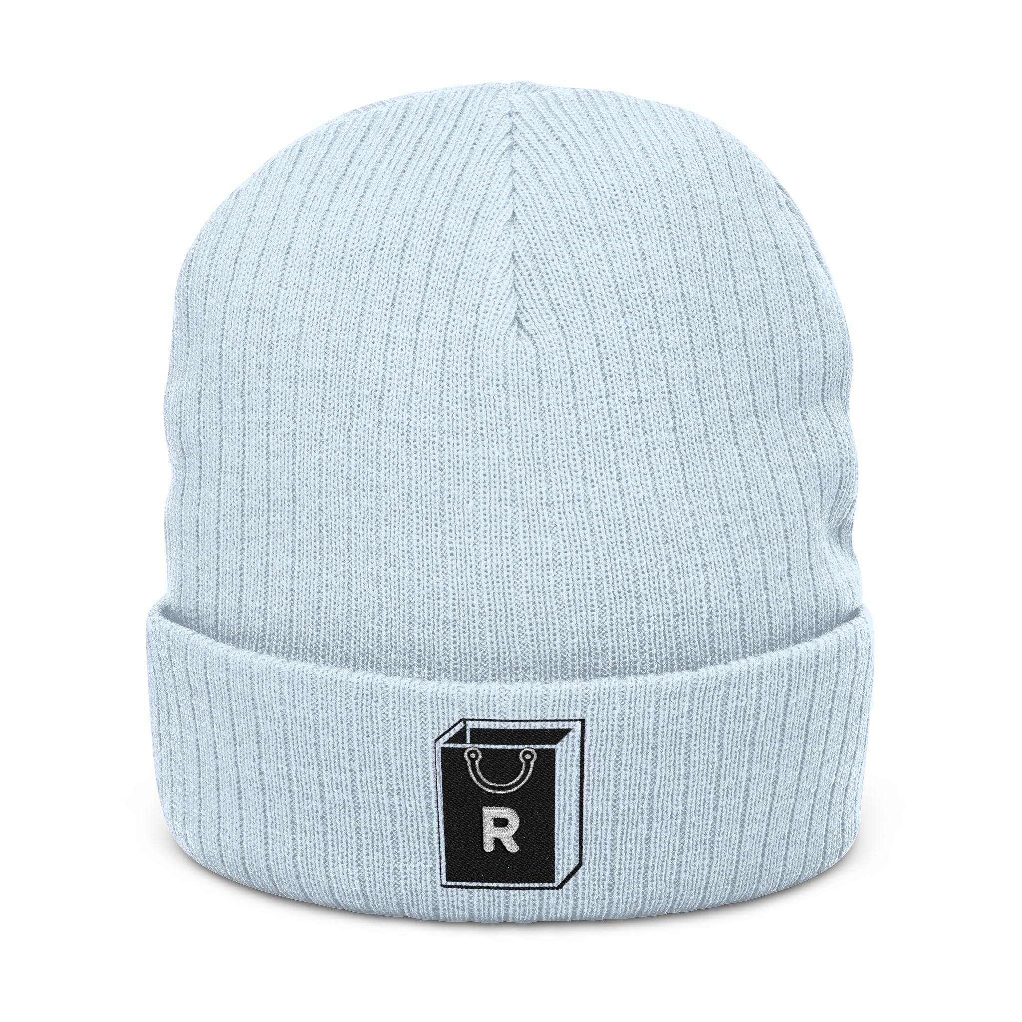 Embroidered Ribbed Beanie - Minimal Horseshoe & R Patch, Cozy Winter Hat