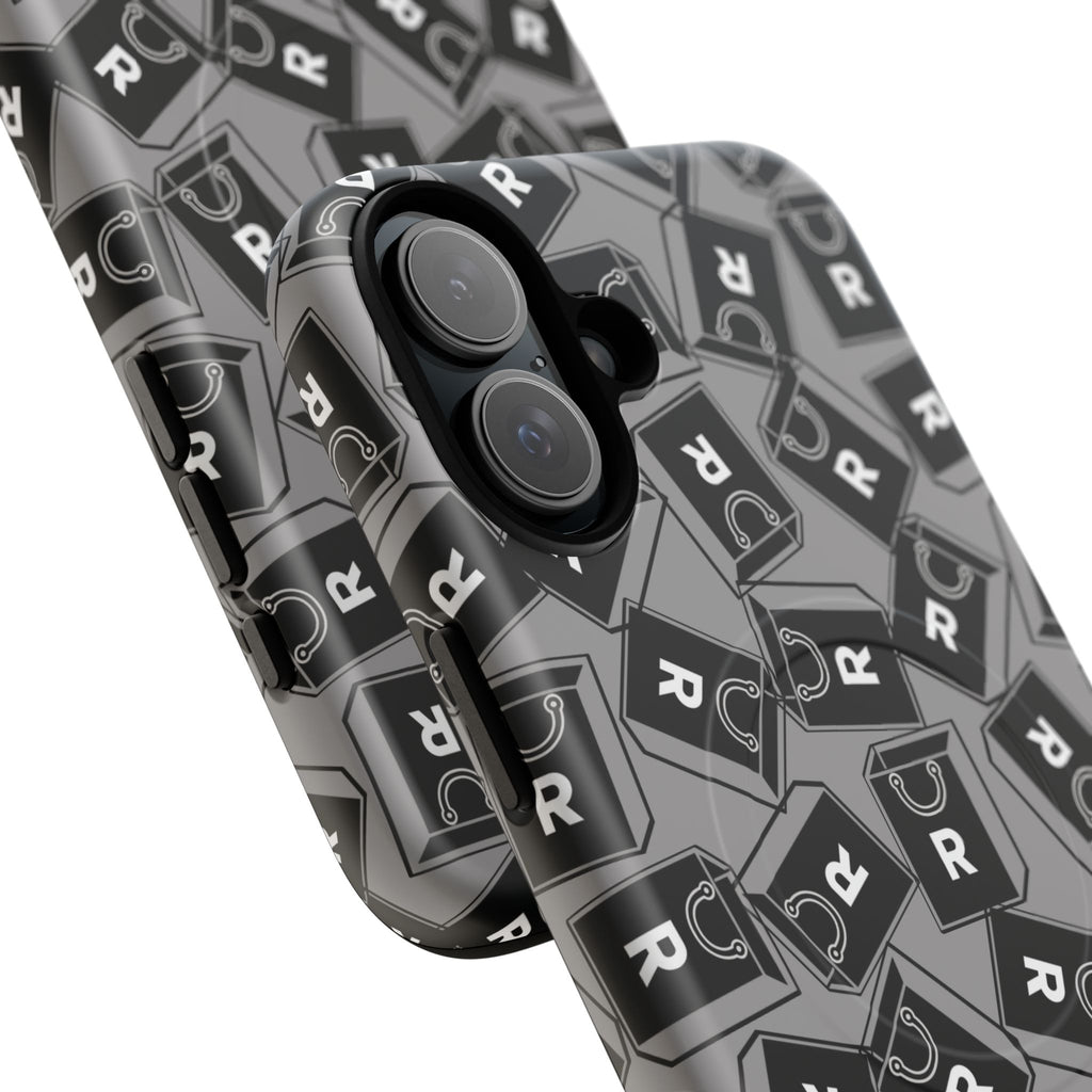 Magnetic Phone Case – Black & Gray Repeating 'R' Logo Pattern