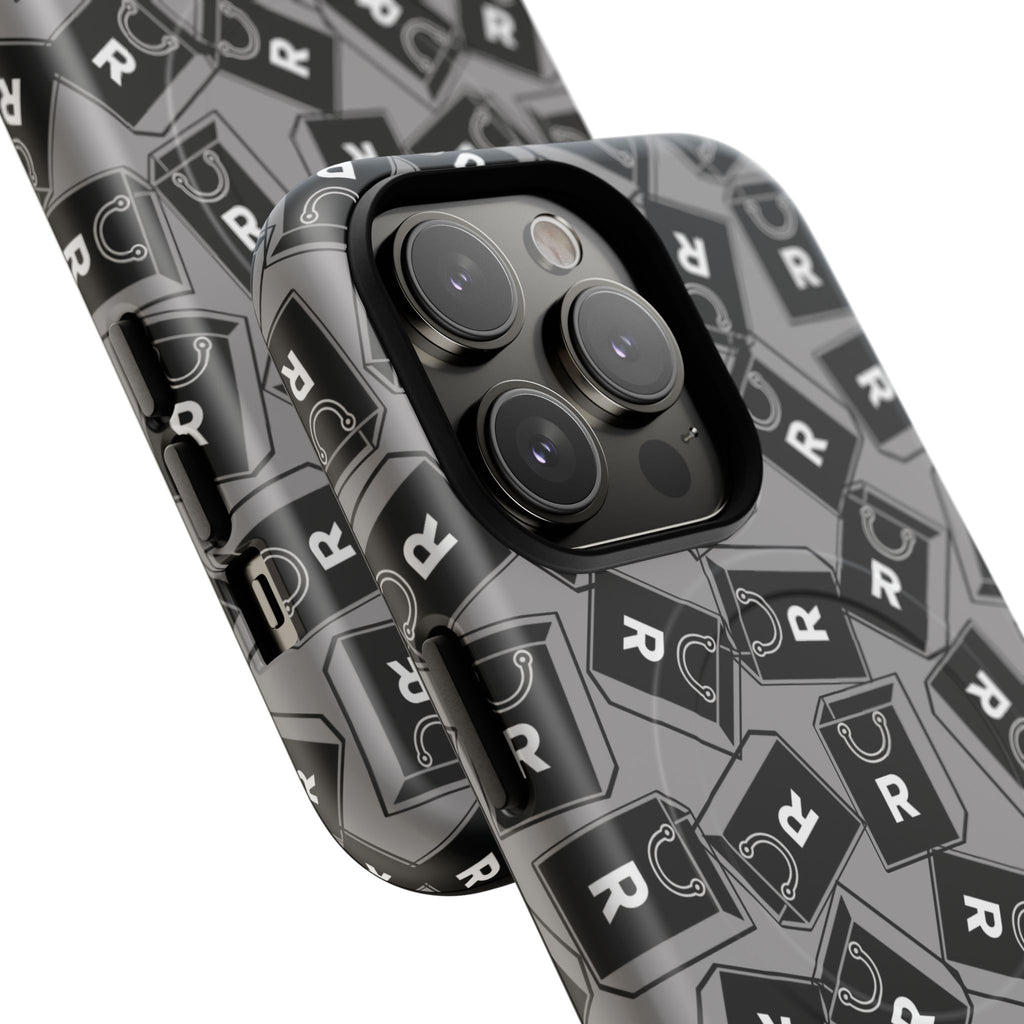 Magnetic Phone Case – Black & Gray Repeating 'R' Logo Pattern
