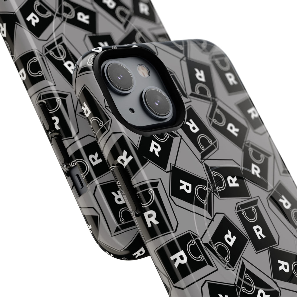 Magnetic Phone Case – Black & Gray Repeating 'R' Logo Pattern