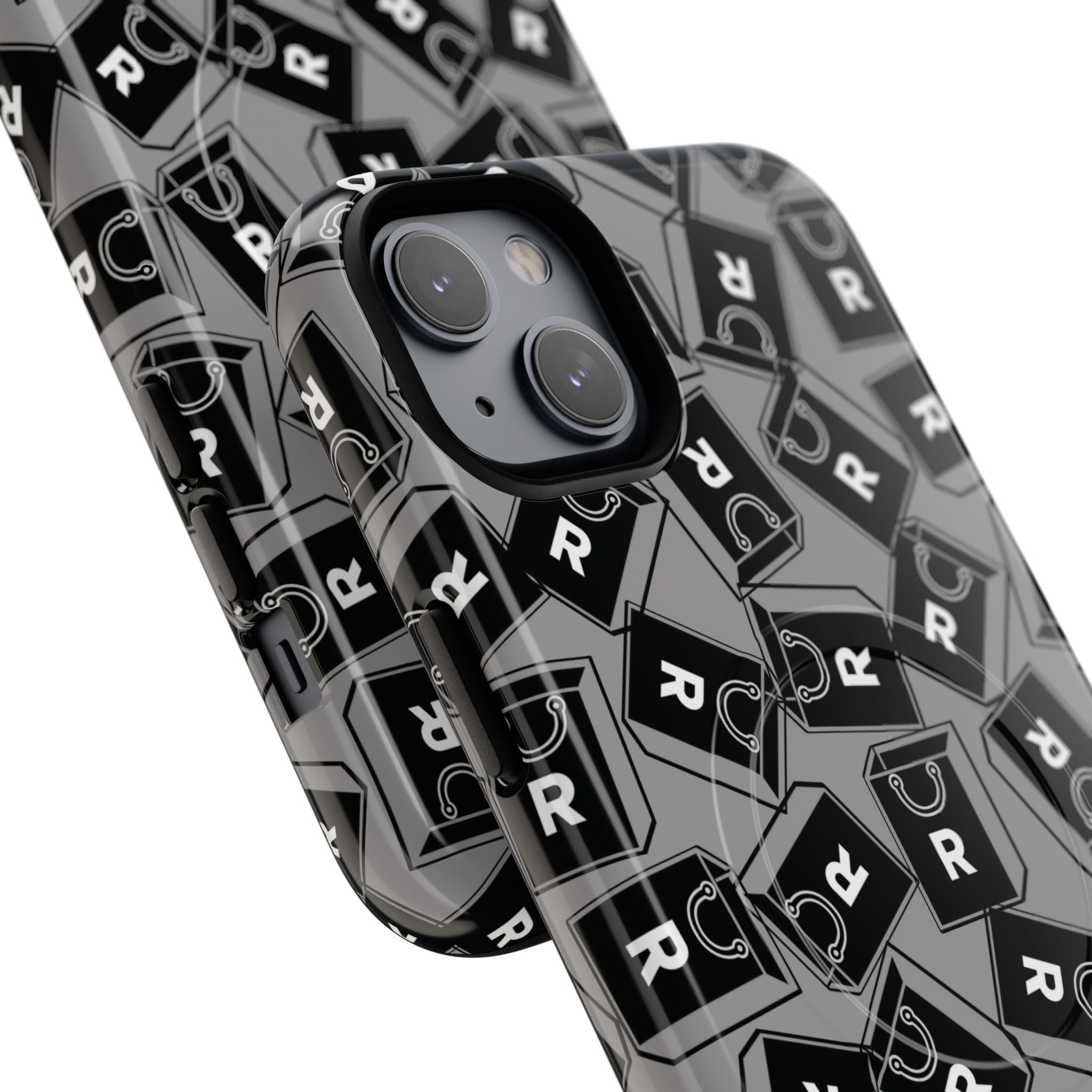 Magnetic Phone Case – Black & Gray Repeating 'R' Logo Pattern