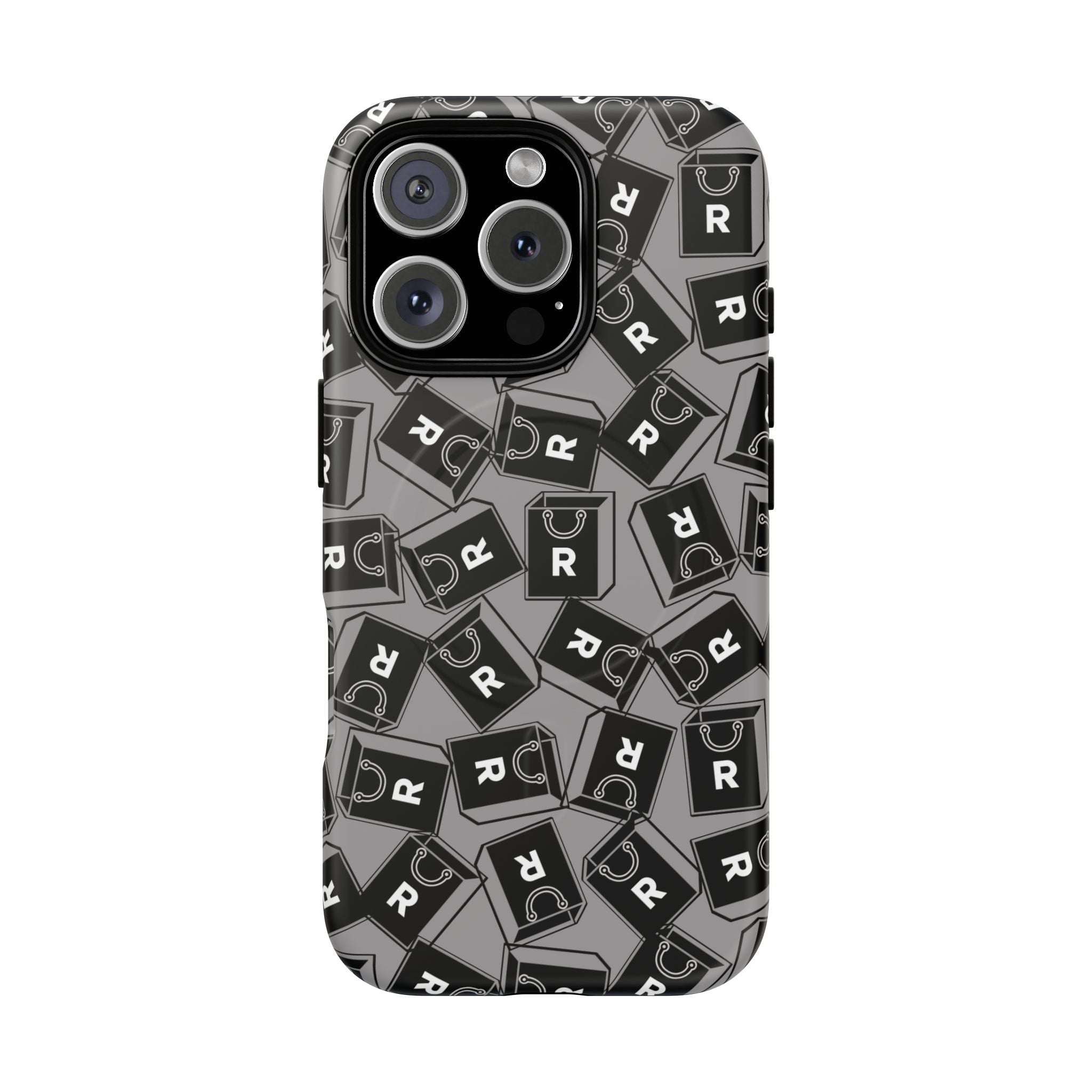Magnetic Phone Case – Black & Gray Repeating 'R' Logo Pattern