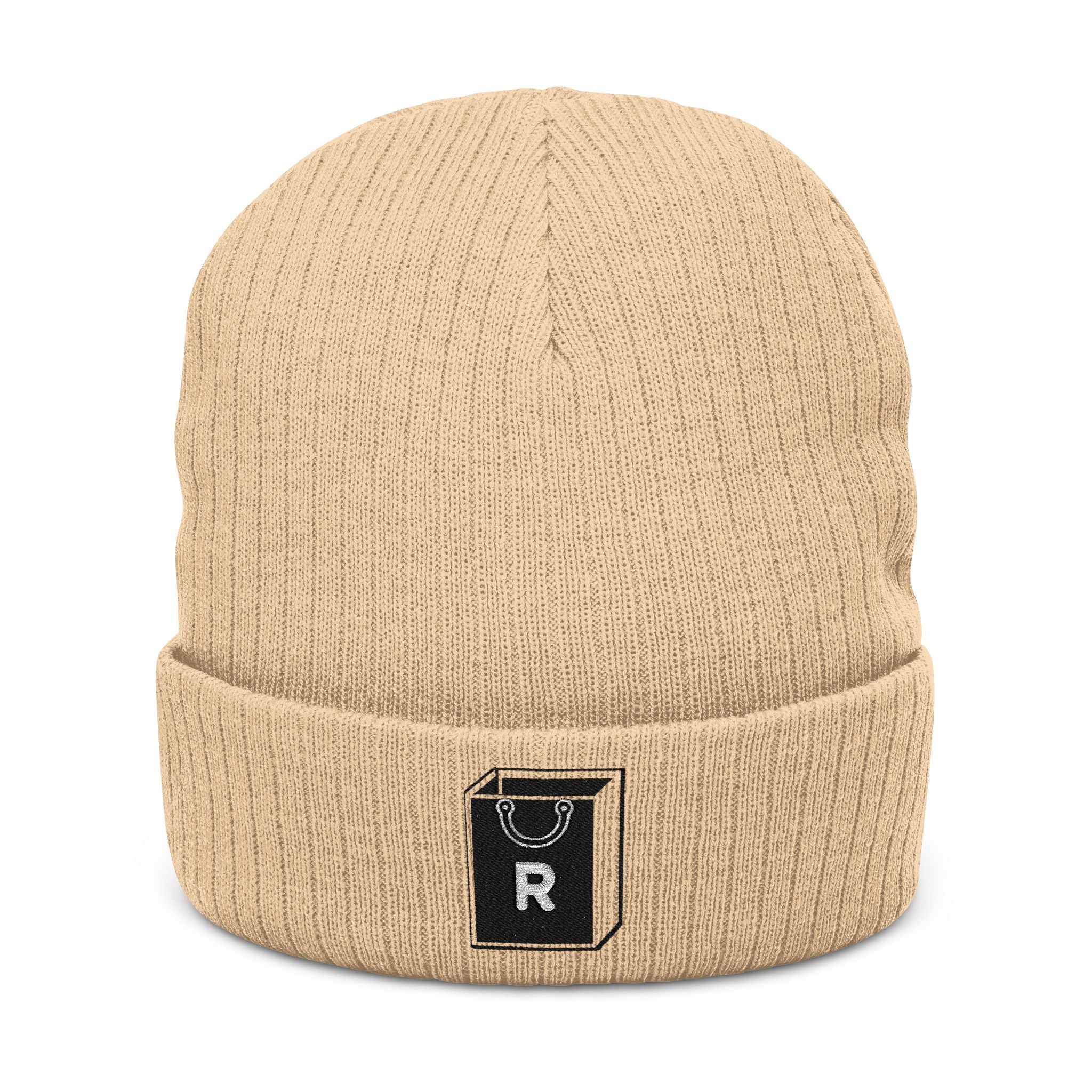 Embroidered Ribbed Beanie - Minimal Horseshoe & R Patch, Cozy Winter Hat