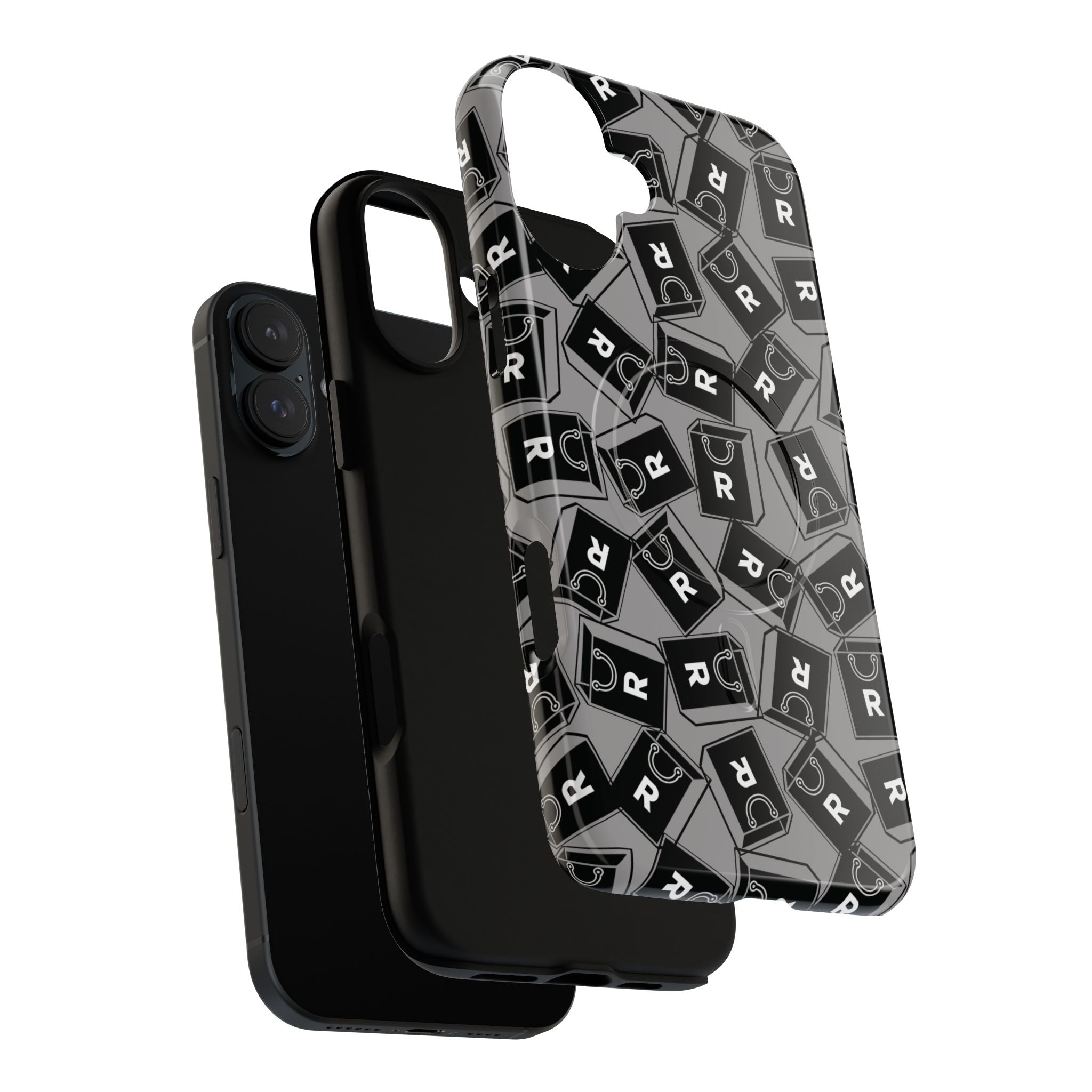 Magnetic Phone Case – Black & Gray Repeating 'R' Logo Pattern