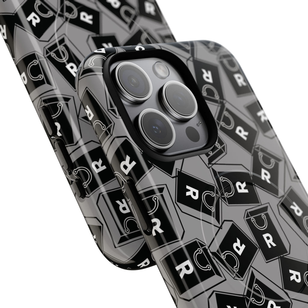 Magnetic Phone Case – Black & Gray Repeating 'R' Logo Pattern