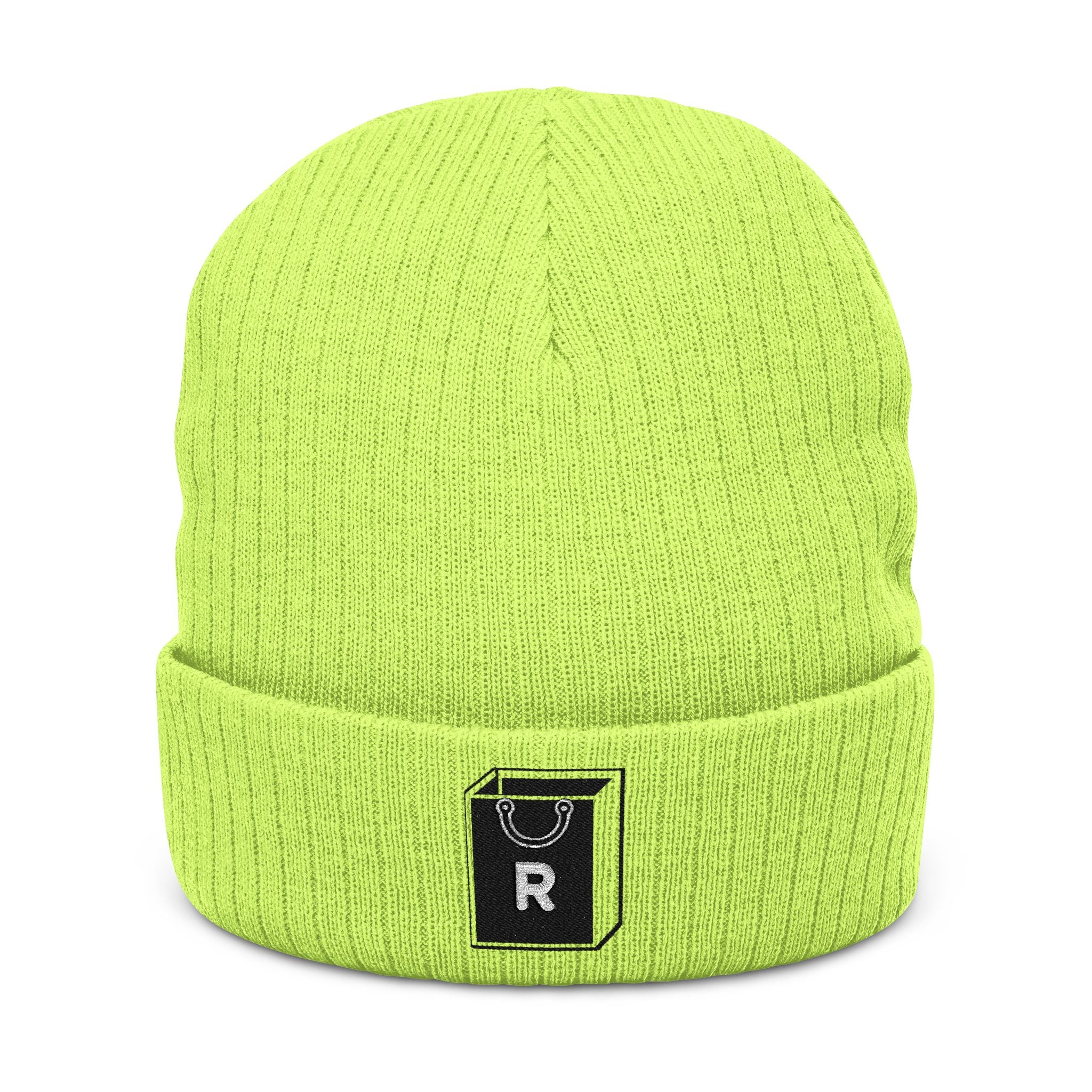 Embroidered Ribbed Beanie - Minimal Horseshoe & R Patch, Cozy Winter Hat