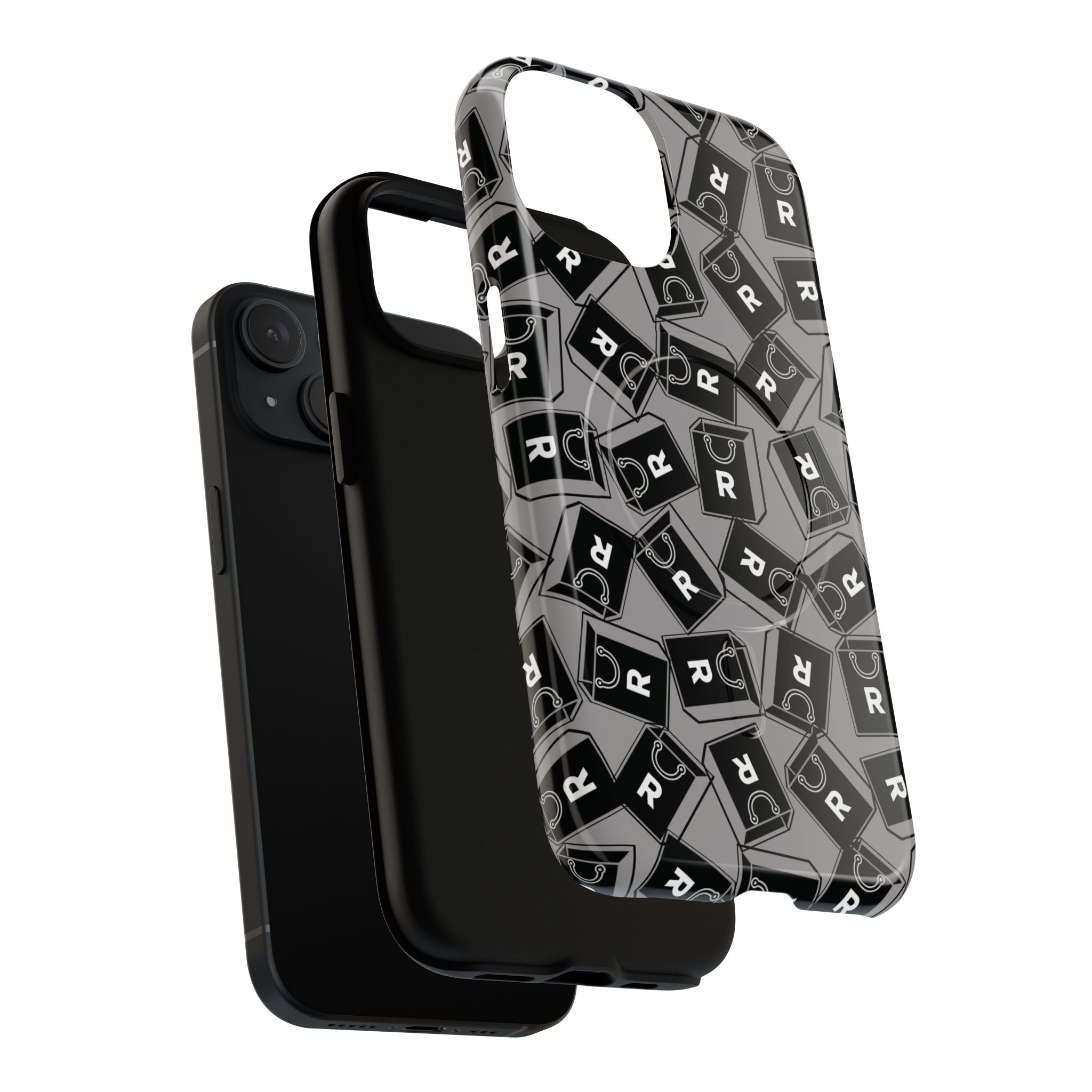 Magnetic Phone Case – Black & Gray Repeating 'R' Logo Pattern