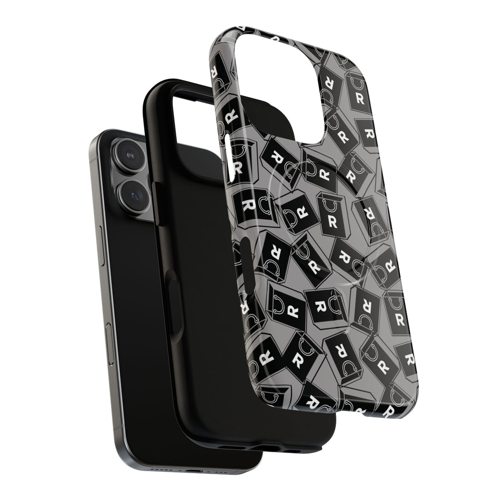 Magnetic Phone Case – Black & Gray Repeating 'R' Logo Pattern