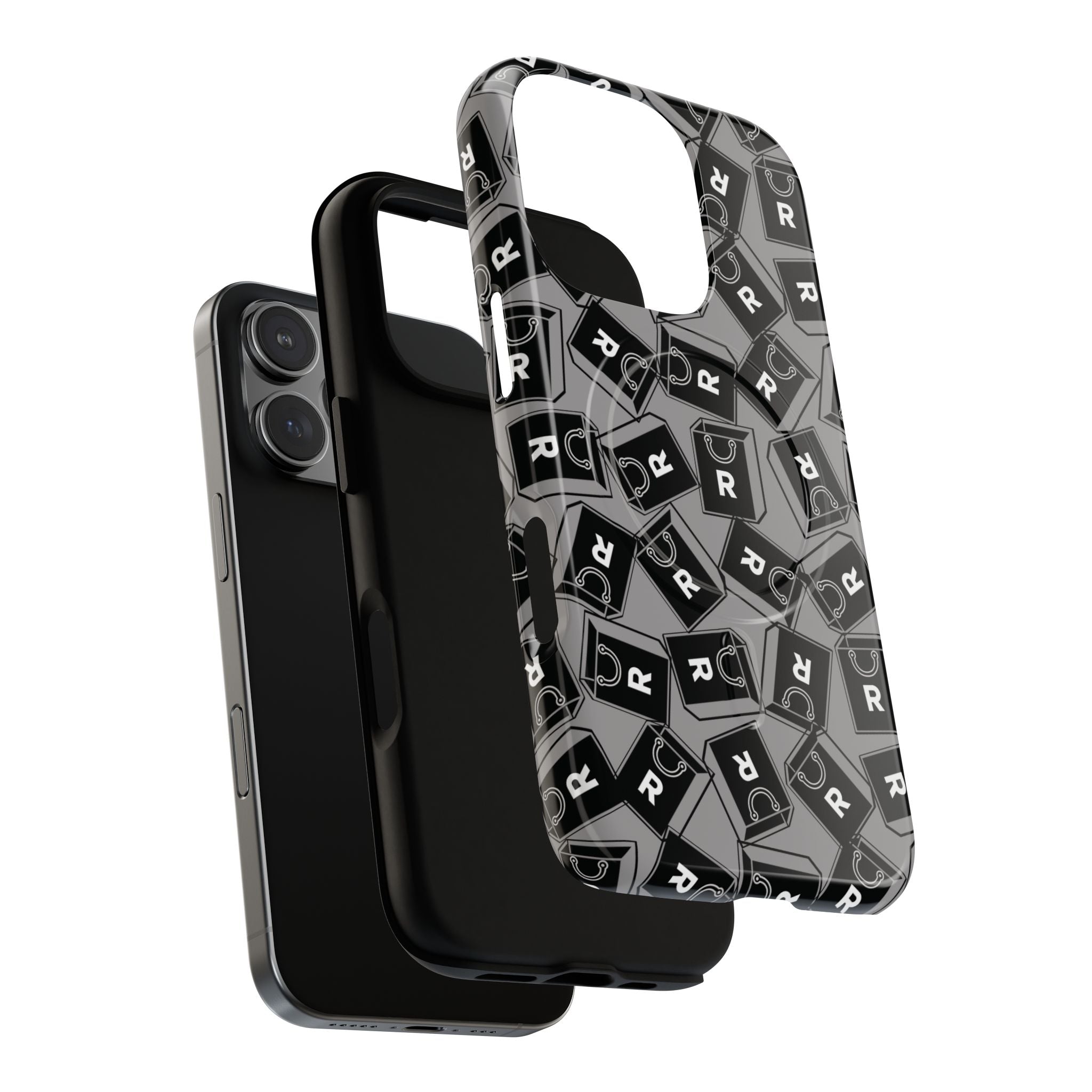 Magnetic Phone Case – Black & Gray Repeating 'R' Logo Pattern