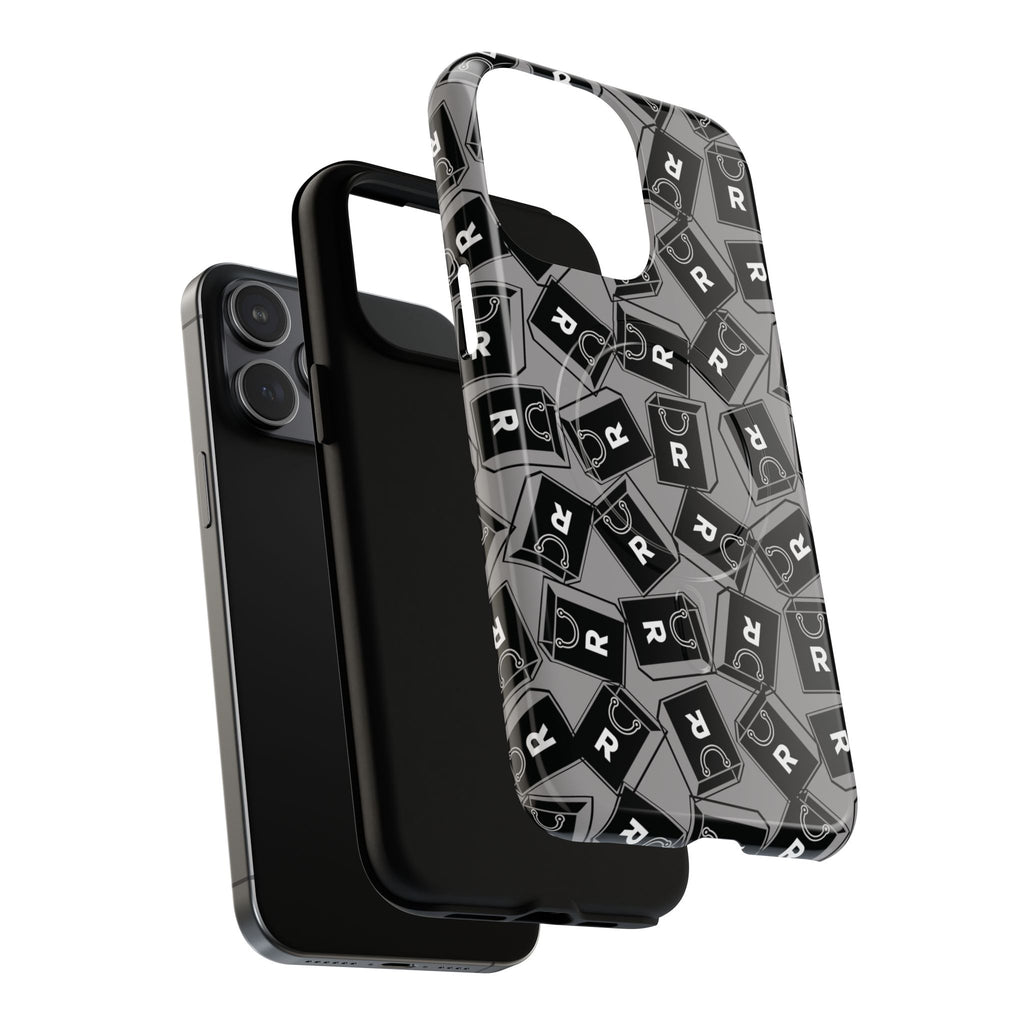 Magnetic Phone Case – Black & Gray Repeating 'R' Logo Pattern