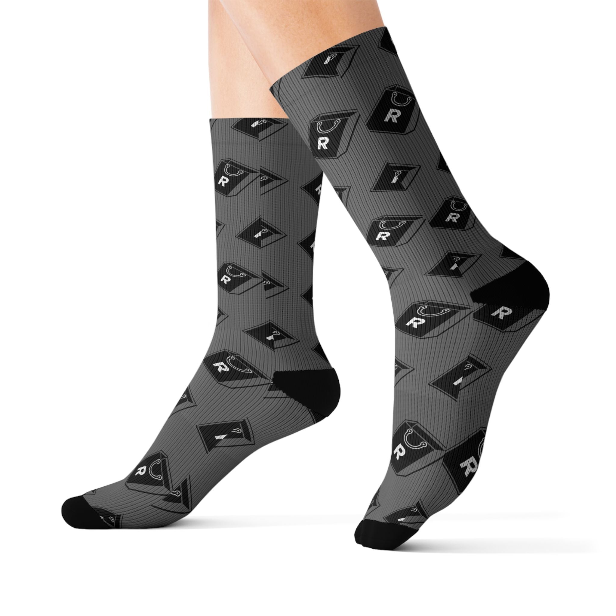Retro Cassette Pattern Sublimation Socks — Grey Music Tape Crew Socks