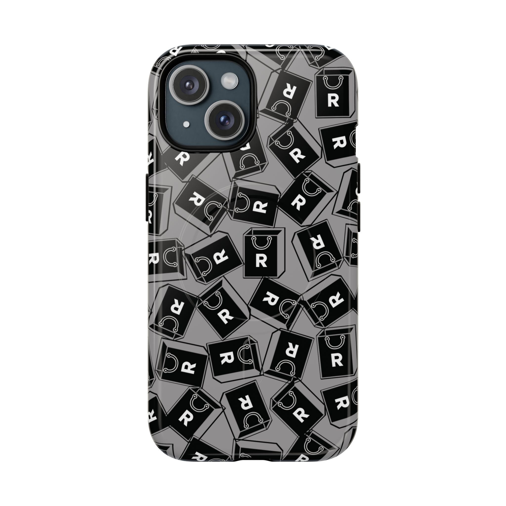 Magnetic Phone Case – Black & Gray Repeating 'R' Logo Pattern