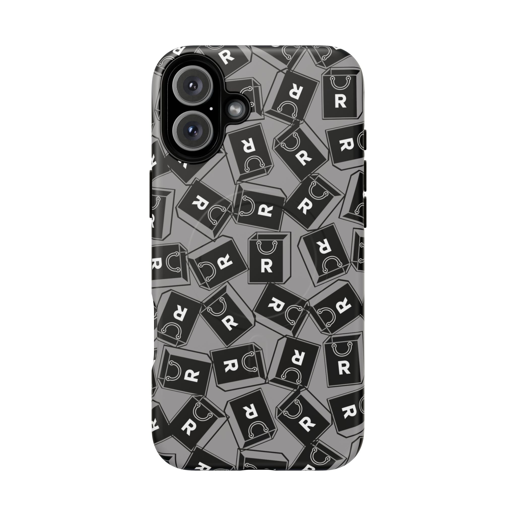 Magnetic Phone Case – Black & Gray Repeating 'R' Logo Pattern