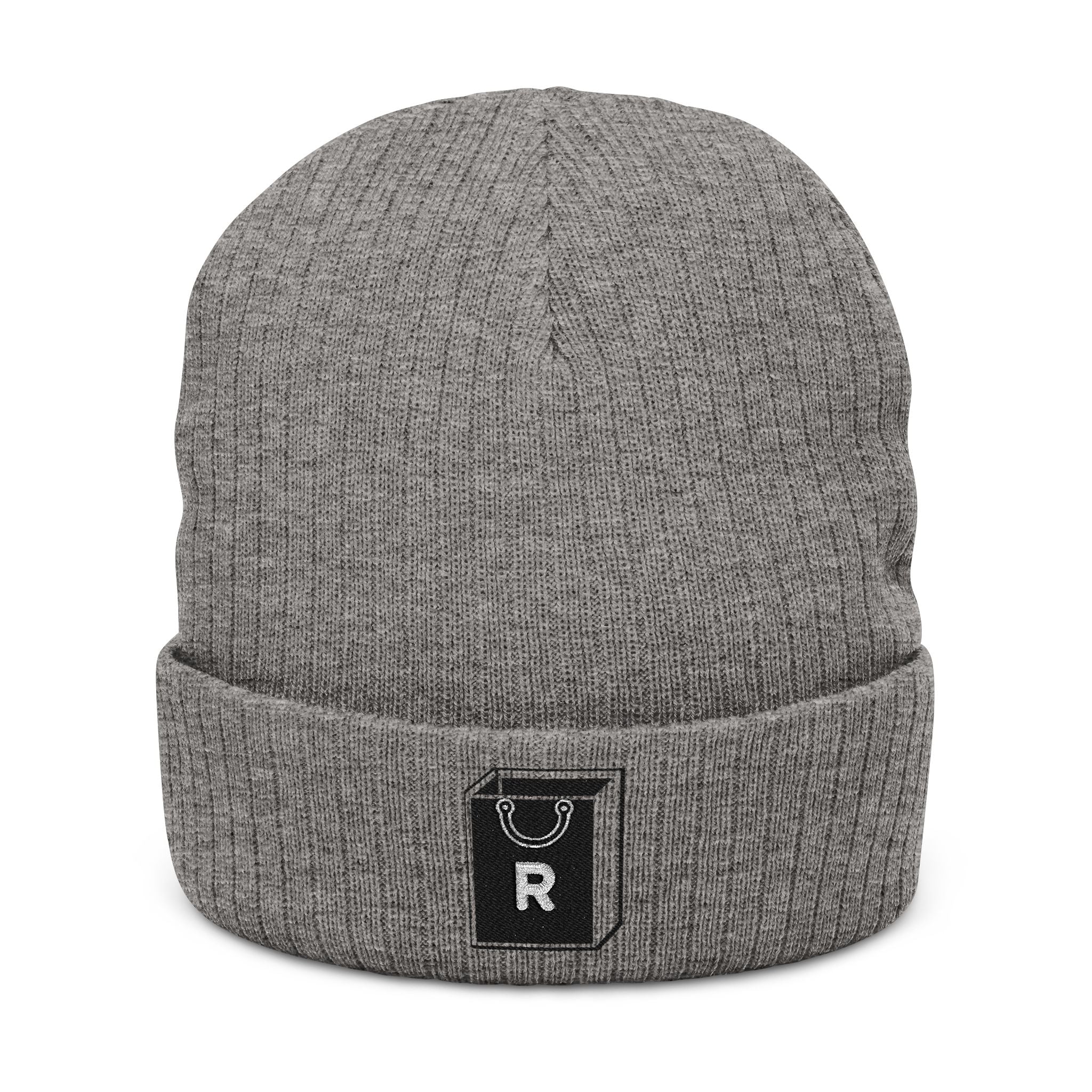 Embroidered Ribbed Beanie - Minimal Horseshoe & R Patch, Cozy Winter Hat