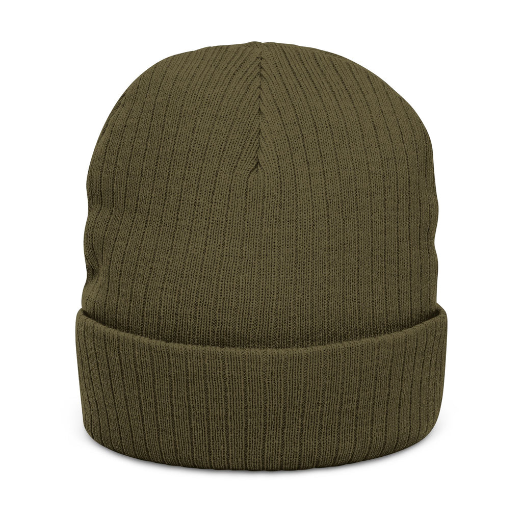 Embroidered Ribbed Beanie - Minimal Horseshoe & R Patch, Cozy Winter Hat