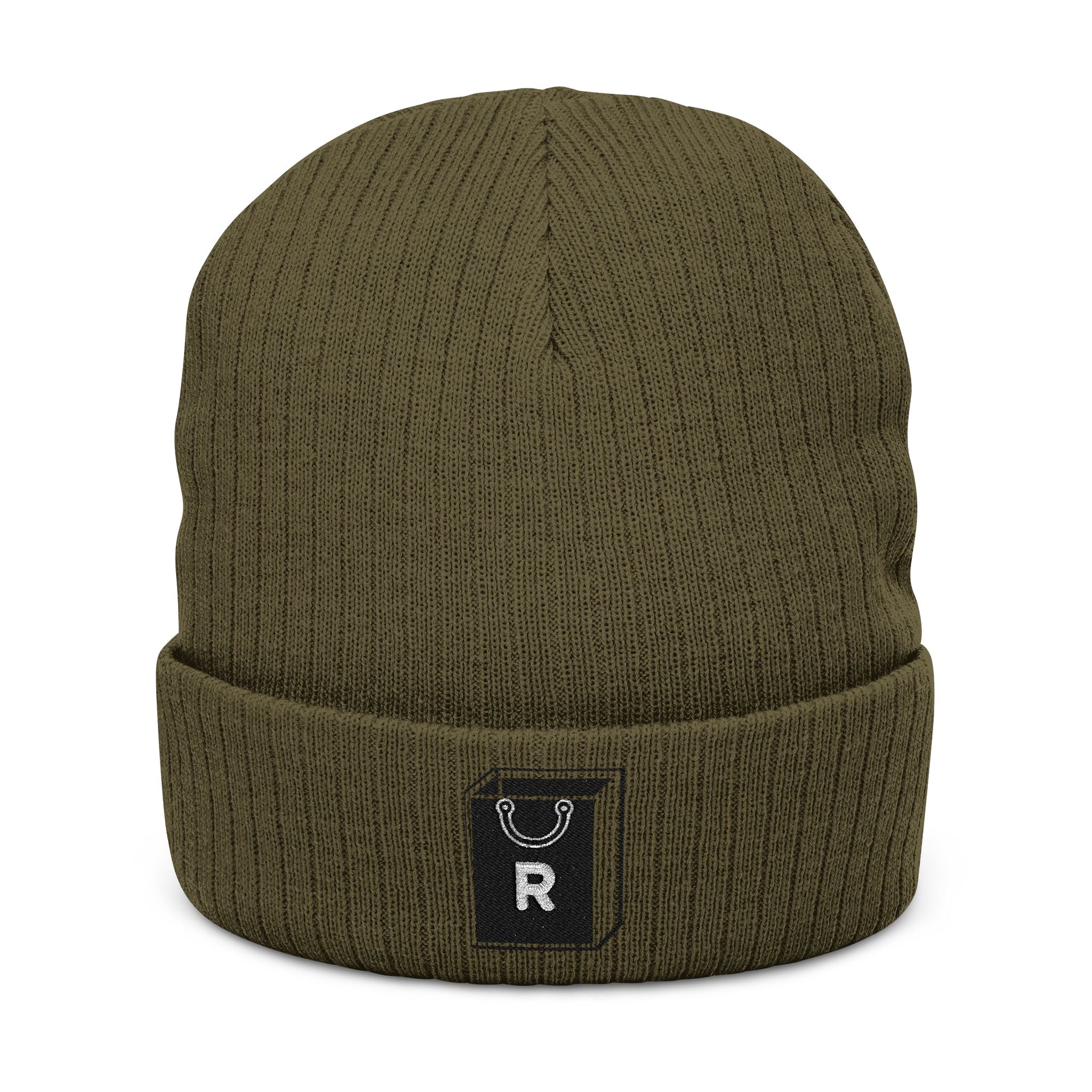 Embroidered Ribbed Beanie - Minimal Horseshoe & R Patch, Cozy Winter Hat