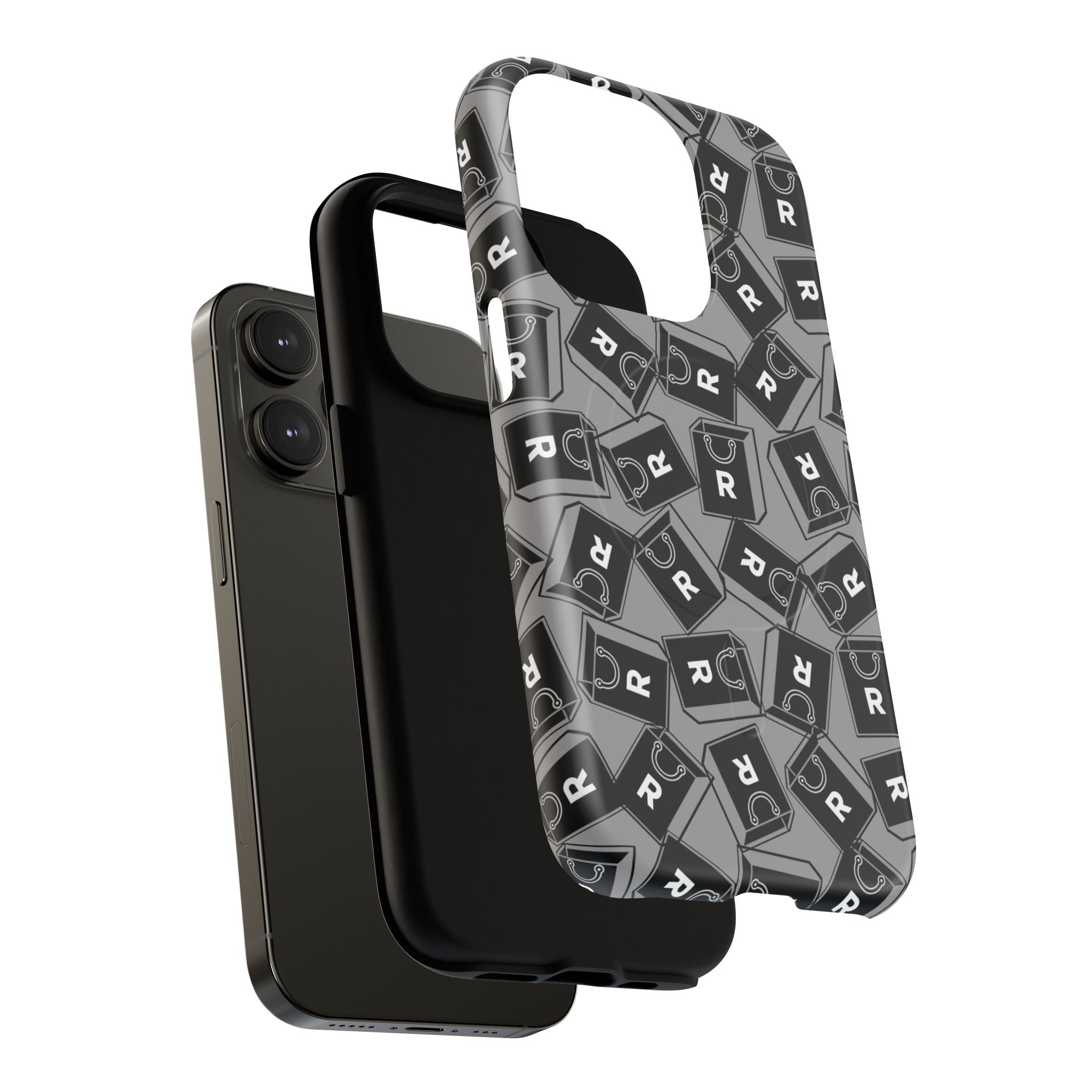 Magnetic Phone Case – Black & Gray Repeating 'R' Logo Pattern