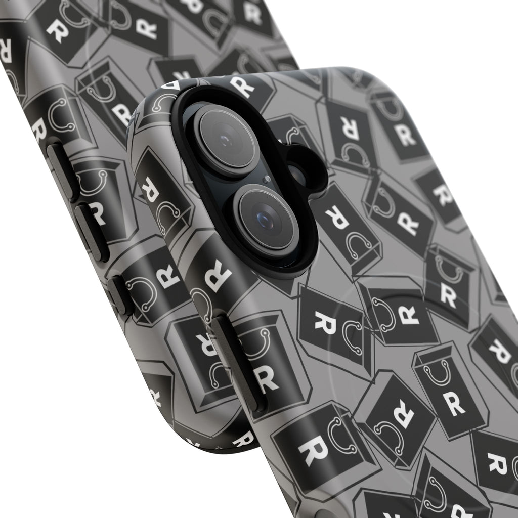 Magnetic Phone Case – Black & Gray Repeating 'R' Logo Pattern