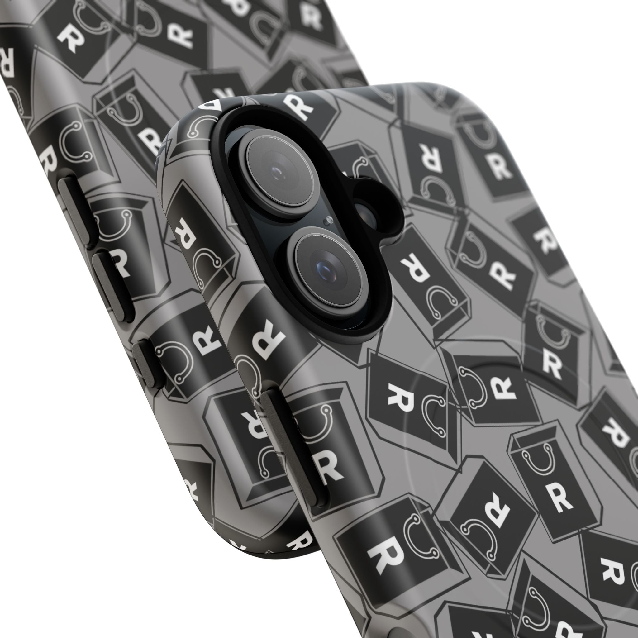 Magnetic Phone Case – Black & Gray Repeating 'R' Logo Pattern